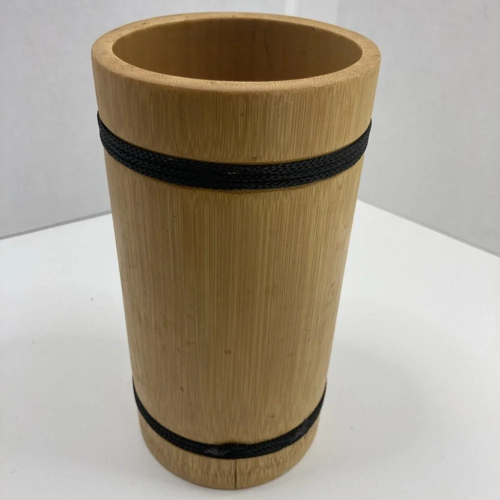 Natural Bamboo Cylinder Vase Decorative Container with Black Cord Accents 7.25in